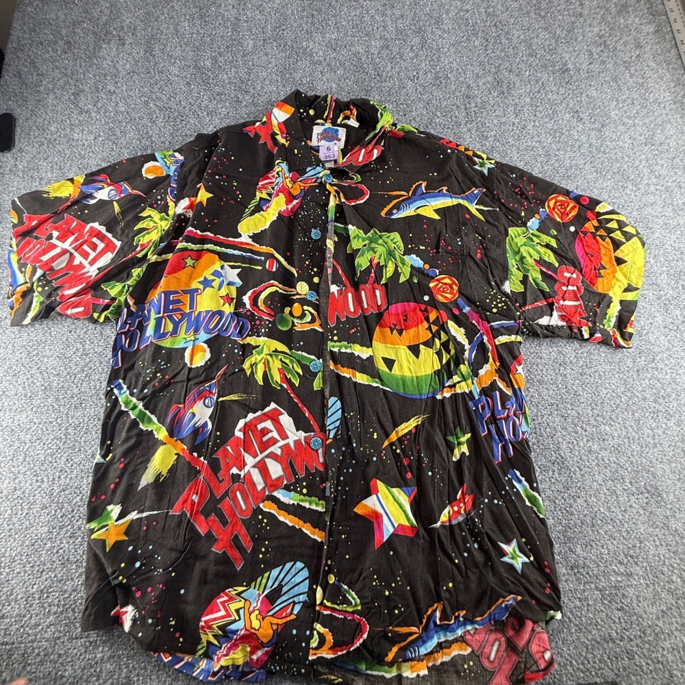 Vintage Planet Hollywood Mens Large Black All Over Print Short Sleeve Shirt